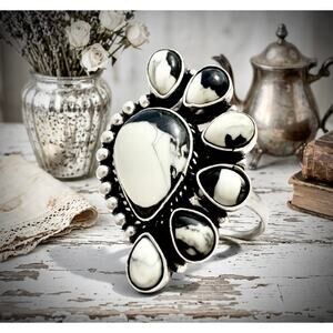 White Buffalo Turquoise Half Cluster Teardrop Sterling 925 Silver Size 7